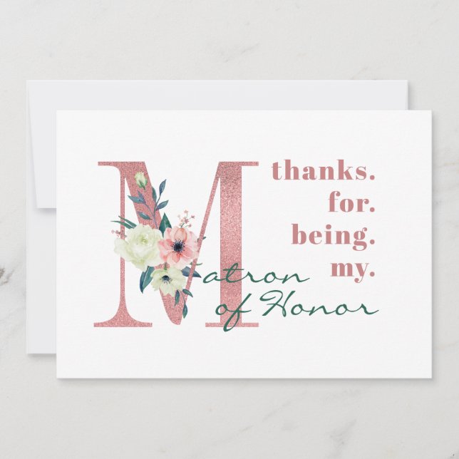 Matron of Honor Pink Floral Letter Wedding Thank You Card (Front)