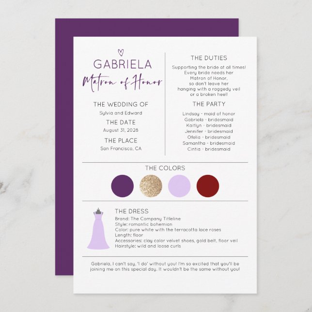 Matron of Honor Proposal & Information (Front/Back)