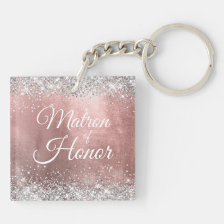 Matron of Honor Silver Glitter Rose Gold Foil Keychain