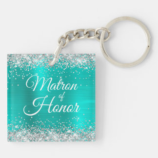 Matron of Honor Silver Glitter Turquoise Foil Keychain