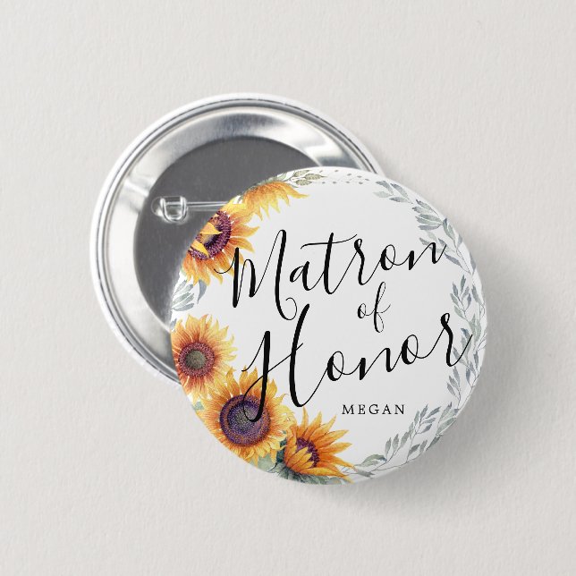 Matron of Honor Sunflower Florals Custom Wedding Button (Front & Back)
