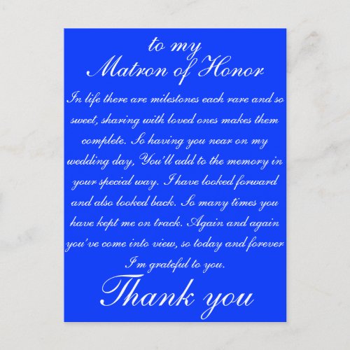 Matron of Honor Thank you Postcard