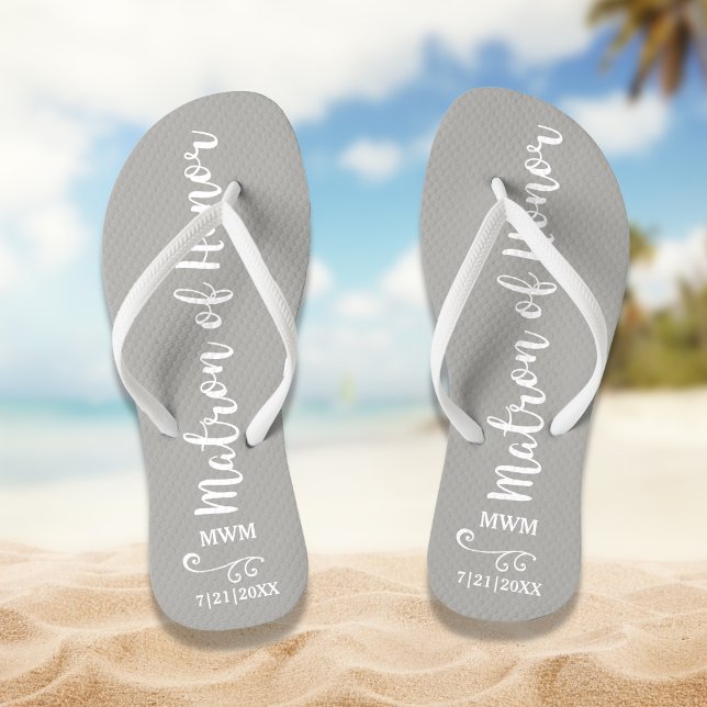 Matron of Honor Wedding Favor Name Monogram Gray Flip Flops (Creator Uploaded)