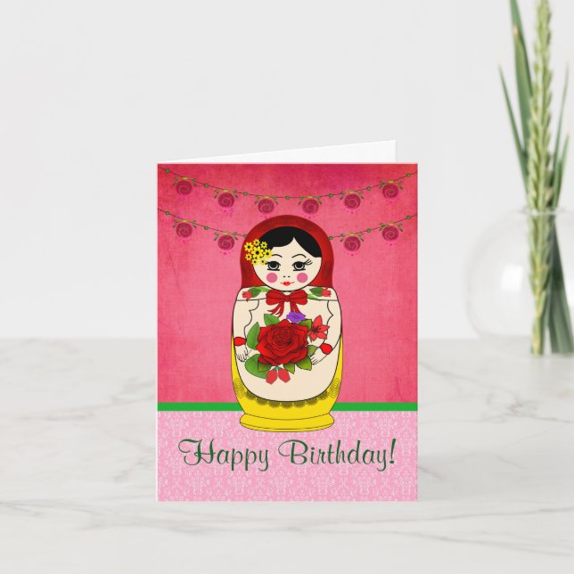 Matryoshka Babushka Doll Damask Birthday Card (Front)