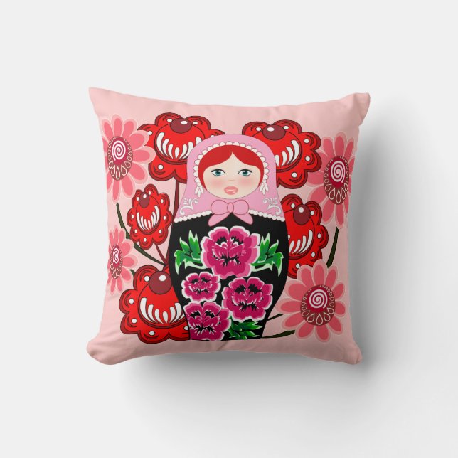 matryoshka doll and Russian Folk Art Khokhloma Throw Pillow (Front)