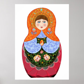 Matryoshka doll in Russian folk art Khokhloma Poster
