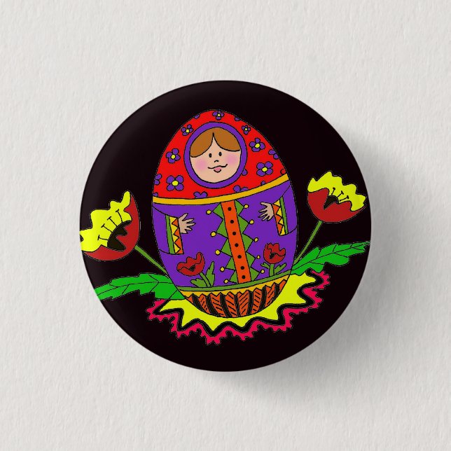 Matryoshka Pysanka Ukrainian Folk Art Pinback Button (Front)