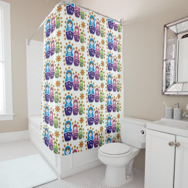 Matryoshka Russian dolls and sunflowers pattern Shower Curtain (In Situ)