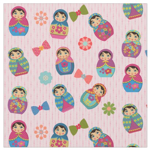 Matryoshka Russian Dolls on Pink Background Fabric
