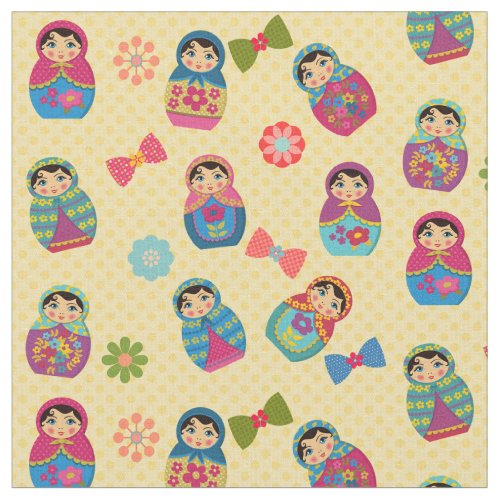 Matryoshka Russian Dolls on yellow polka dots Fabric