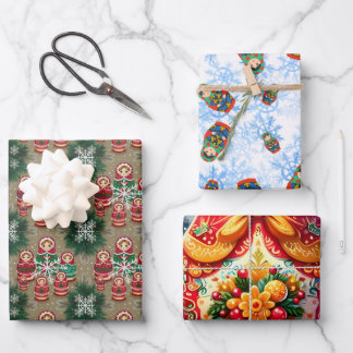 Matryoshka Russian Nesting Dolls Babushka Winter Wrapping Paper Sheets