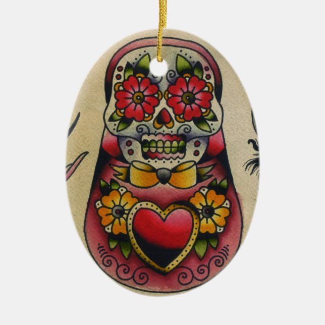 matryoshka sugar skull ceramic ornament (Front)