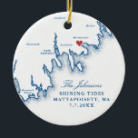 Mattapoisett MA Wedding Photo First Christmas Ceramic Ornament<br><div class="desc">Celebrate your first Christmas as a married couple with this elegant navy blue Mattapoisett, MA wedding keepsake ornament. Featuring a refined coastal New England map design, this personalized ornament includes your names, wedding date, and a cherished wedding photo on the back. Perfect for weddings at The Inn on Shipyard Park,...</div>