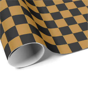 Matte Antique Gold and Black Checkerboard Squares Wrapping Paper