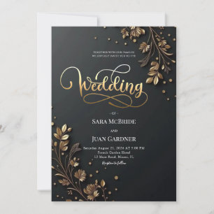 Matte Black & 3D Gold Leaf Botanical Motifs Invitation