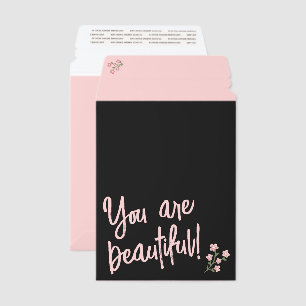 Matte Black Blush Pink Flower You Are Beautiful Envelope Mailers