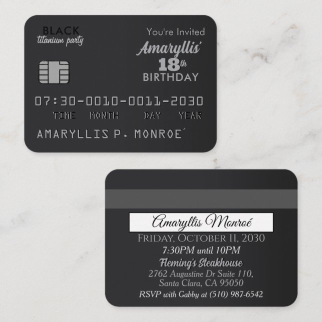 Matte Black Credit Card Birthday Invitations (Front/Back)
