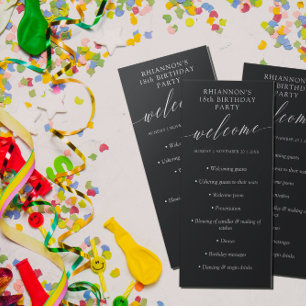 Matte Black Delicate Calligraphy Birthday Party Program
