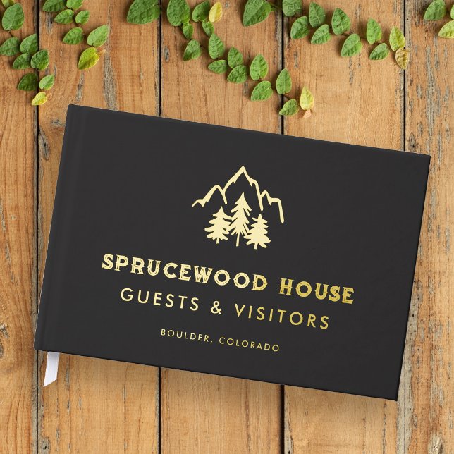 Matte Black Gold Mountains Pines BnB Rental Cabin Foil Guest Book (Creator Uploaded)