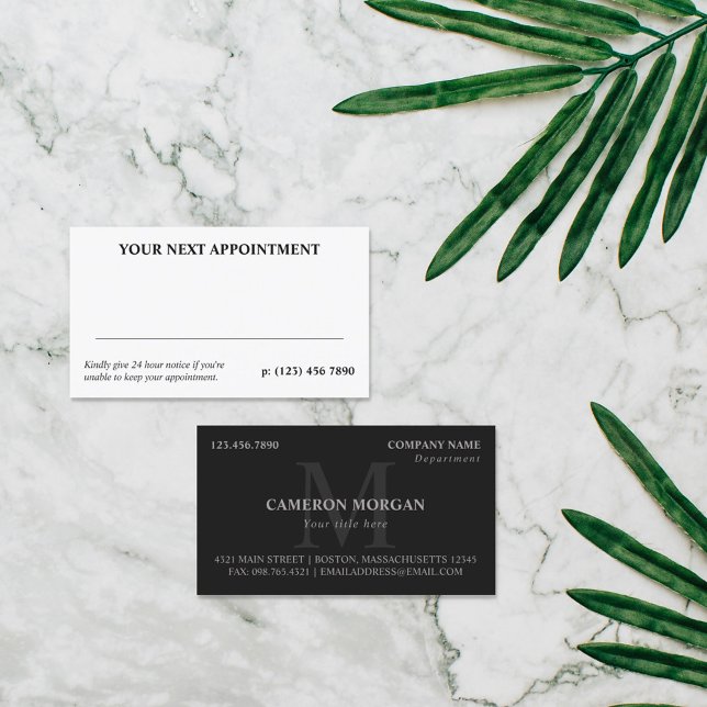 Matte Black Gray Monogrammed Professional Appointment Card (Creator Uploaded)