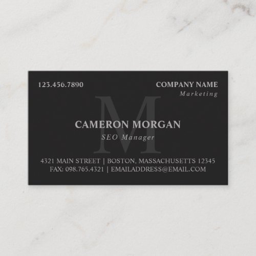Matte Black Gray Monogrammed Professional Business Card