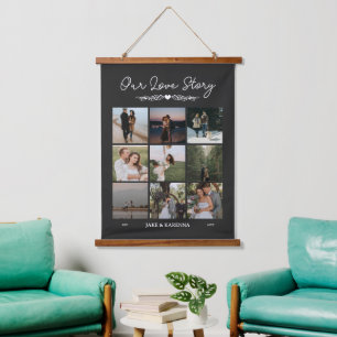 Matte Black Greenery Our Love Story Photo Collage Hanging Tapestry