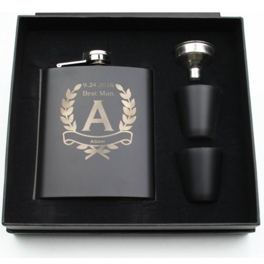 Matte Black Groomsman Best Man Flask Gift Set (Front)