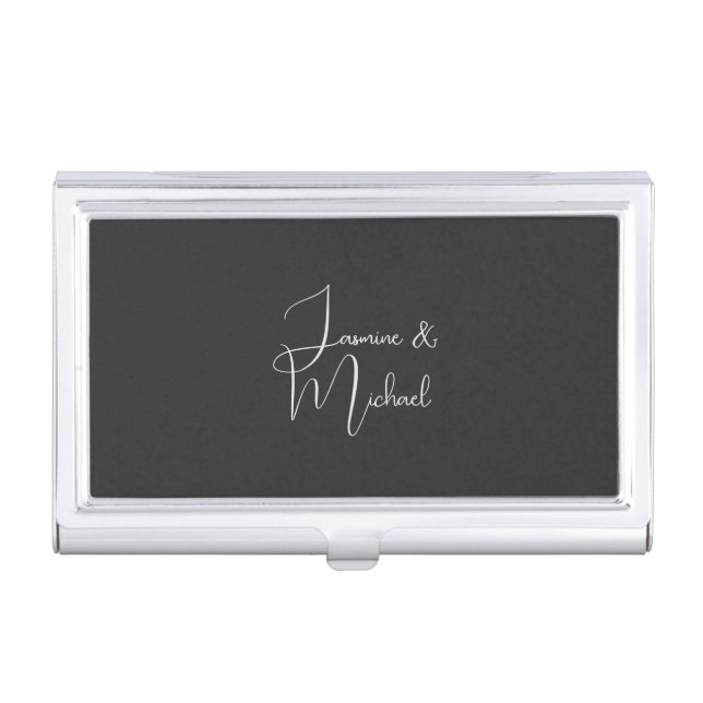 Matte Black Handwriting Couple Names Wedding Business Card Case (Front)