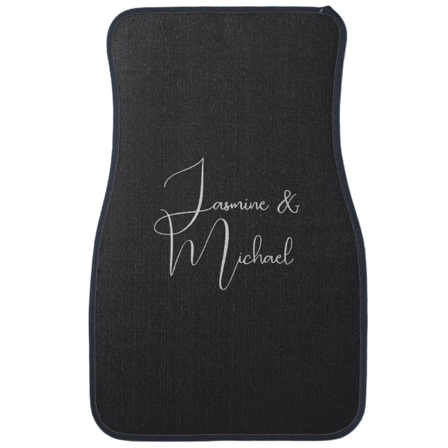 Matte Black Handwriting Couple Names Wedding Car Floor Mat (Front)