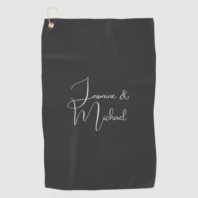 Matte Black Handwriting Couple Names Wedding Golf Towel (Front)