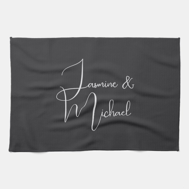 Matte Black Handwriting Couple Names Wedding Kitchen Towel (Horizontal)