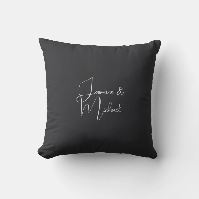 Matte Black Handwriting Couple Names Wedding Throw Pillow (Front)