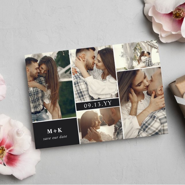 Matte Black Modern Initials Photos Save the Date (Creator Uploaded)