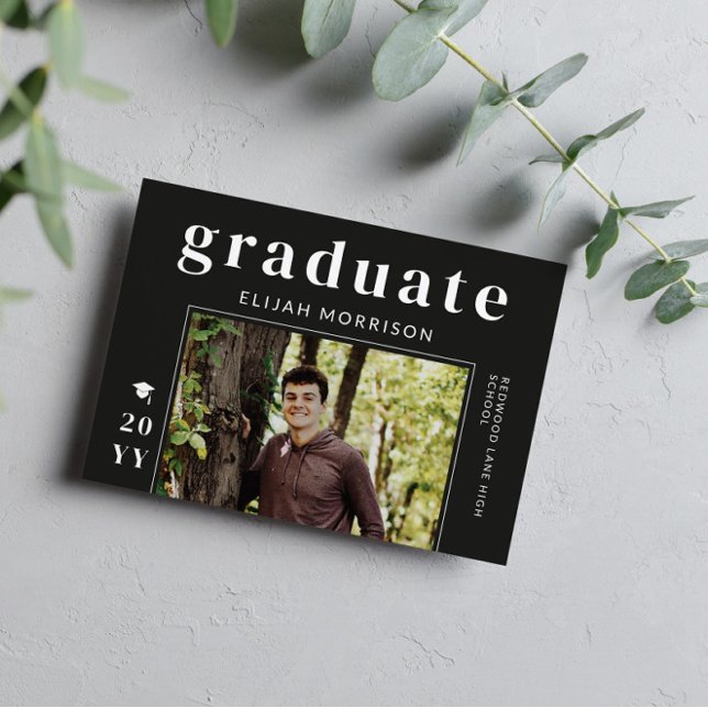 Matte Black Modern Typography Photo Graduation Invitation (Creator Uploaded)
