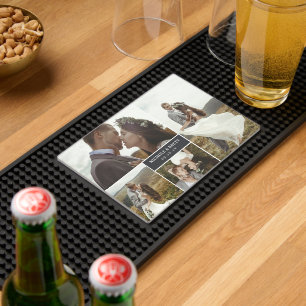 Matte Black Names & Date Wedding Photo Collage Bar Mat