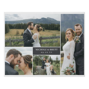 Matte Black Names & Date Wedding Photo Collage Faux Canvas Print