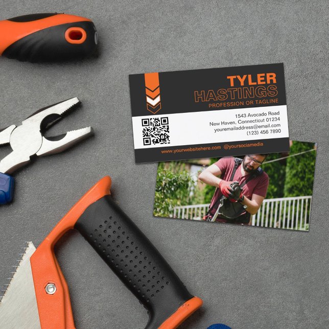 Matte Black Orange Arrows QR Code Photo Template Business Card (Creator Uploaded)