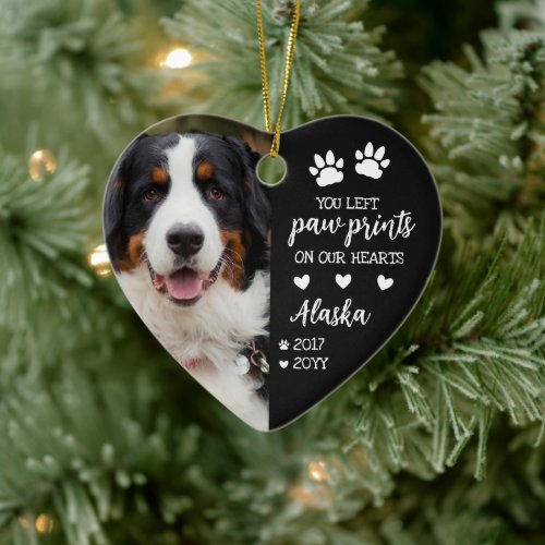 Matte Black Paw Prints On Our Hearts Pet Photo Ceramic Ornament