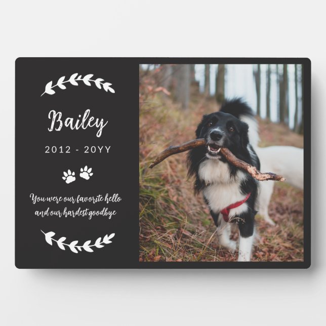 Matte Black Paws & Greenery Photo Pet Memorial Pla Plaque (Front)