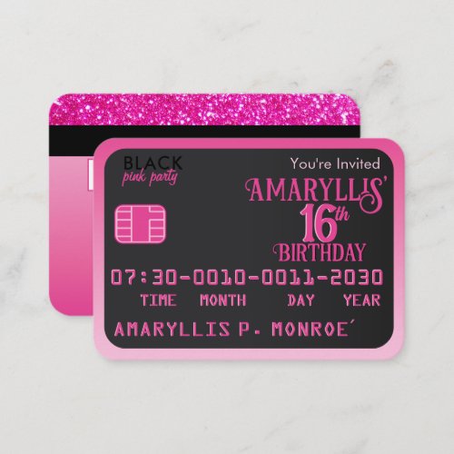 Matte Black Pink Credit Card Birthday Invitations