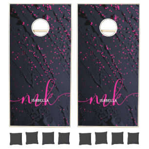 Matte Black Pink Sparkles Monogram Glitter Cornhole Set