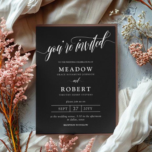 Matte Black Typography Informal 2 in 1 Wedding Invitation