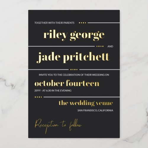 Matte Black White Gold Typography 2 in 1 Wedding Foil Invitation