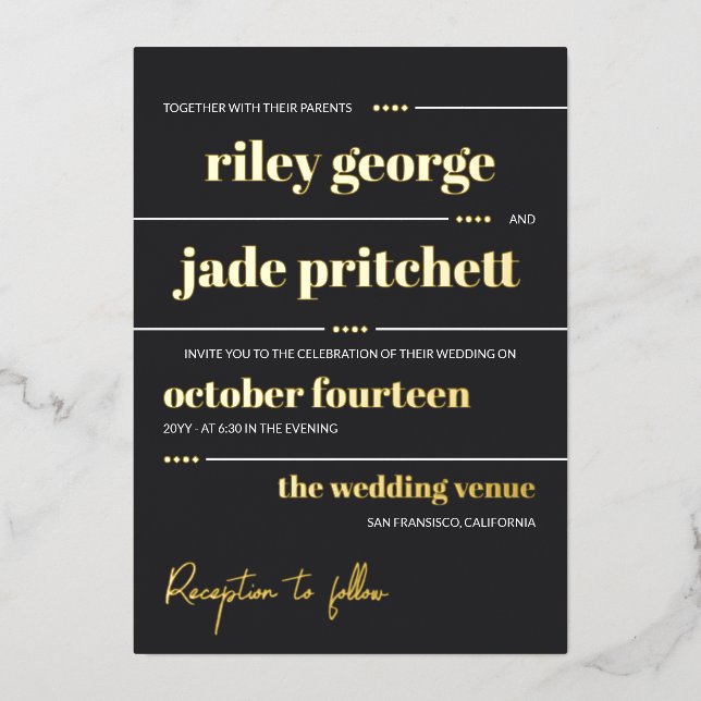 Matte Black White Gold Typography 2 in 1 Wedding Foil Invitation (Front)