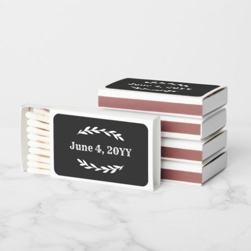 Matte Black White Greenery Event Date Matchboxes