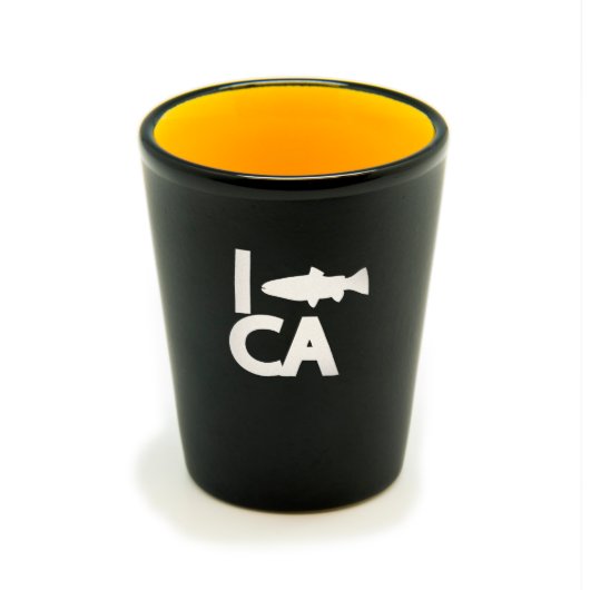 Matte Black/Yellow Hilo Shot Glass "I Fish" (Front)