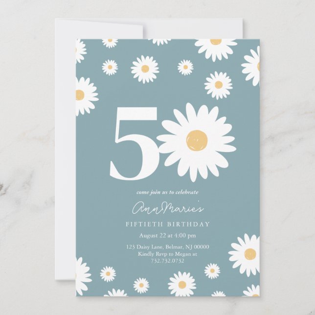 Matte Blue Daisy 50th Birthday Invitation (Front)