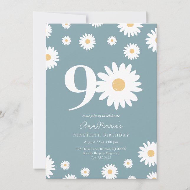 Matte Blue Daisy 90th Birthday Invitation (Front)