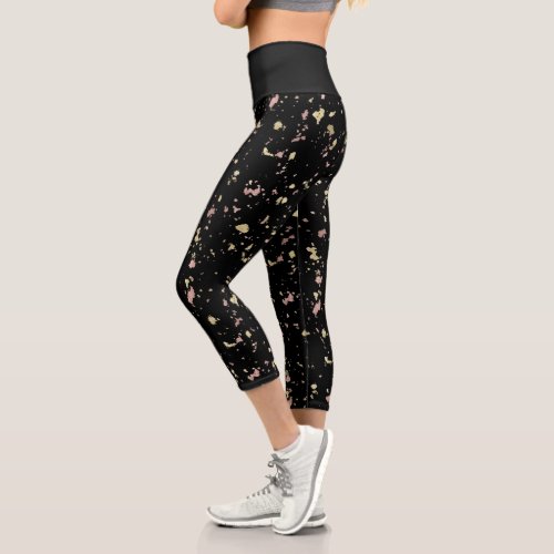 Matte Gold and Rose Gold Flakes Black Capri Leggings