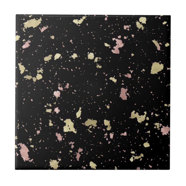 Matte Gold and Rose Gold Flakes Black Ceramic Tile (Front)